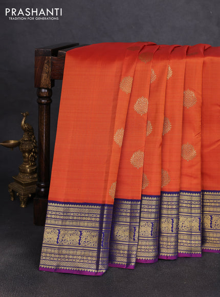 Pure kanchipuram silk saree orange and blue with zari woven buttas and rich zari woven korvai border