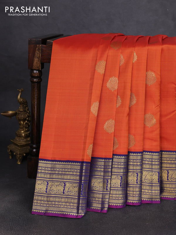 Pure kanchipuram silk saree orange and blue with zari woven buttas and rich zari woven korvai border