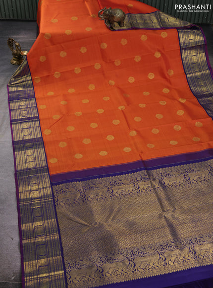 Pure kanchipuram silk saree orange and blue with zari woven buttas and rich zari woven korvai border