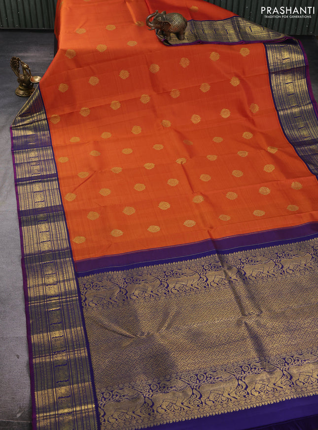Pure kanchipuram silk saree orange and blue with zari woven buttas and rich zari woven korvai border
