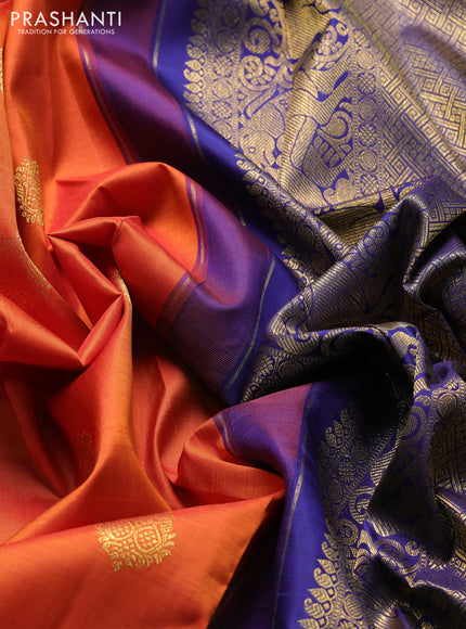 Pure kanchipuram silk saree orange and blue with zari woven buttas and rich zari woven korvai border