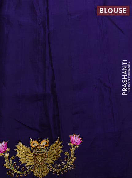 Pure gadwal silk saree off white and blue with zari woven buttas and temple design tanjore painted border