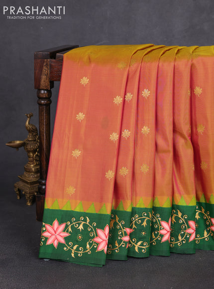 Pure gadwal silk saree dual shade of pinkish yellow and green with zari woven buttas and temple design tanjore painted border