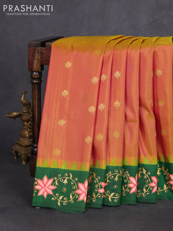 Pure gadwal silk saree dual shade of pinkish yellow and green with zari woven buttas and temple design tanjore painted border