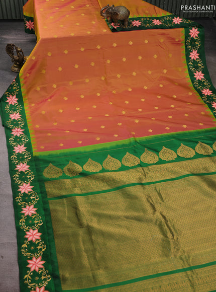 Pure gadwal silk saree dual shade of pinkish yellow and green with zari woven buttas and temple design tanjore painted border