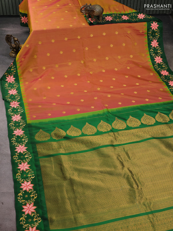 Pure gadwal silk saree dual shade of pinkish yellow and green with zari woven buttas and temple design tanjore painted border