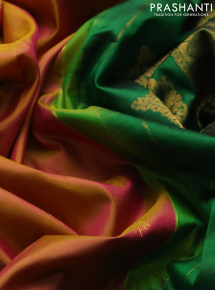 Pure gadwal silk saree dual shade of pinkish yellow and green with zari woven buttas and temple design tanjore painted border