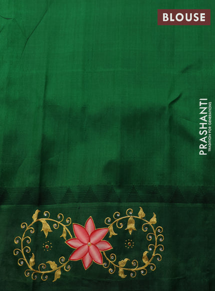 Pure gadwal silk saree dual shade of pinkish yellow and green with zari woven buttas and temple design tanjore painted border