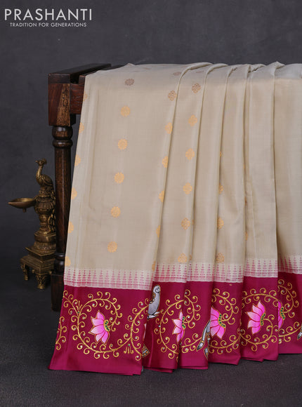 Pure gadwal silk saree cream and magenta pink with zari woven buttas and temple design tanjore painted border