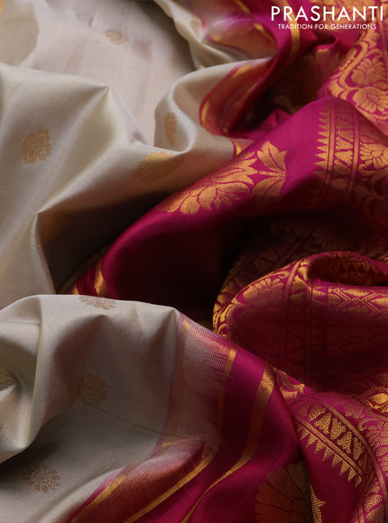 Pure gadwal silk saree cream and magenta pink with zari woven buttas and temple design tanjore painted border