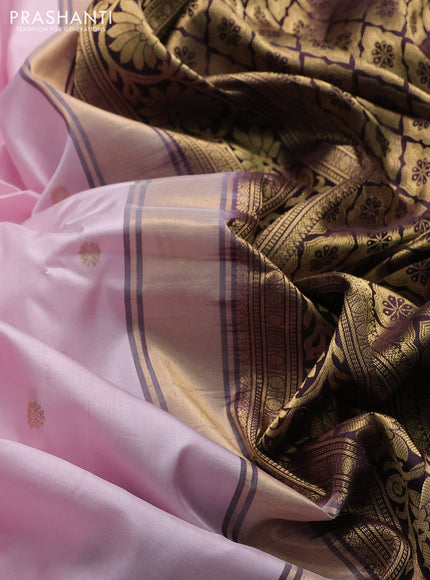 Pure gadwal silk saree mild pastel pink and coffee brown with allover zari woven buttas and temple design zari woven border