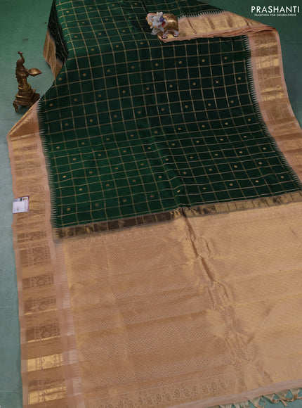 Pure gadwal silk saree bottle green and sandal with allover zari checks & buttas and temple design zari woven border