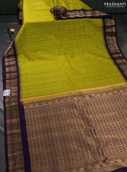 Pure gadwal silk saree lime green and violet with allover zari checks & buttas and temple design zari woven border