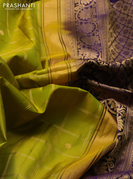 Pure gadwal silk saree lime green and violet with allover zari checks & buttas and temple design zari woven border