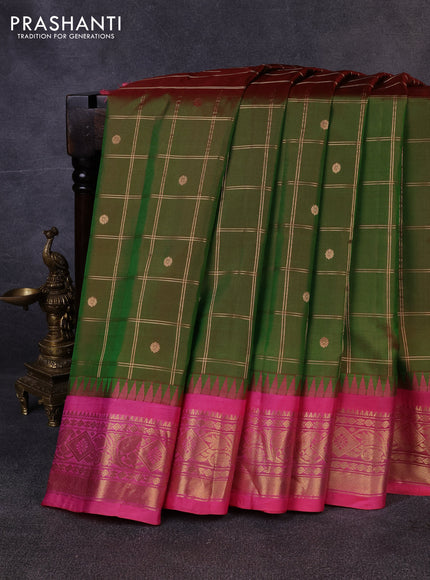 Pure gadwal silk saree dual shade of pinkish green and light pink with allover zari checks & buttas and temple design zari woven border