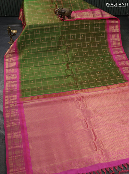 Pure gadwal silk saree dual shade of pinkish green and light pink with allover zari checks & buttas and temple design zari woven border