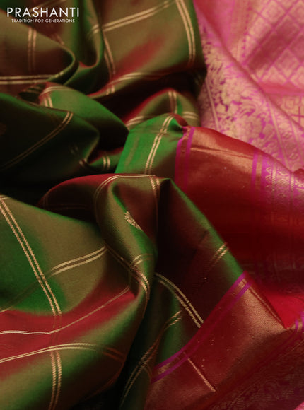 Pure gadwal silk saree dual shade of pinkish green and light pink with allover zari checks & buttas and temple design zari woven border
