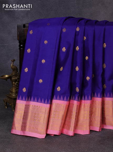 Pure gadwal silk saree blue and peach pink with zari woven buttas and temple design zari woven border