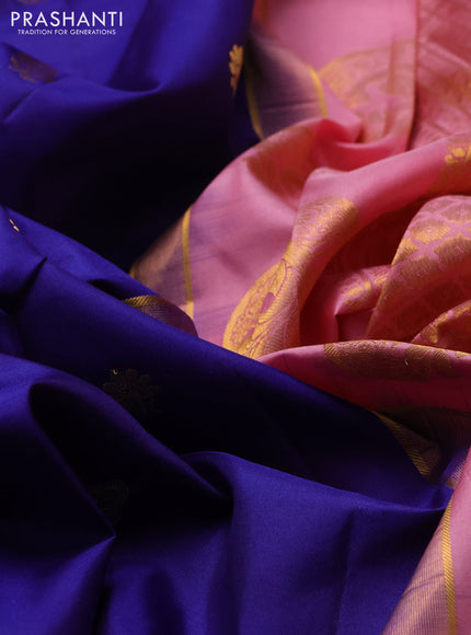 Pure gadwal silk saree blue and peach pink with zari woven buttas and temple design zari woven border
