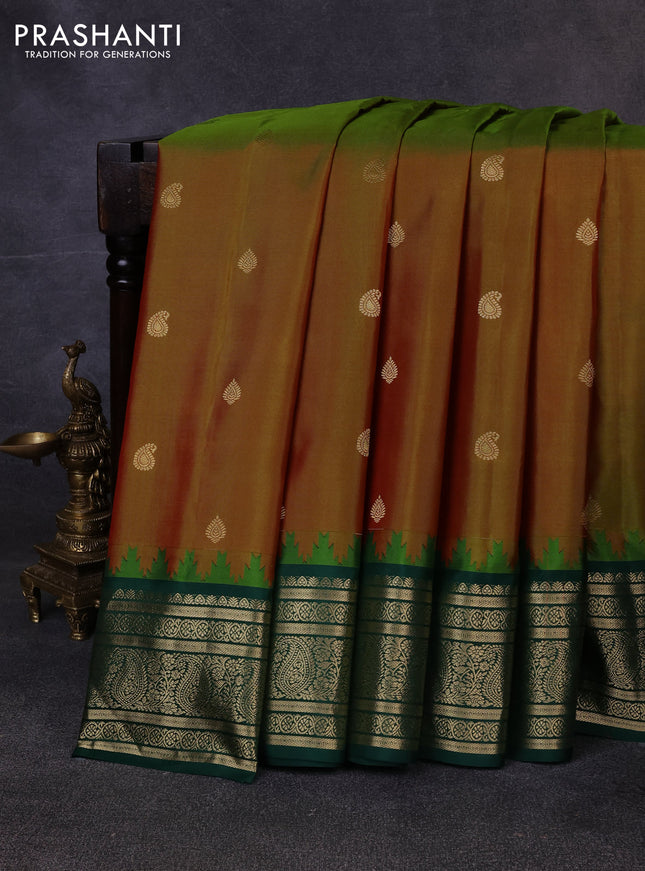 Pure gadwal silk saree manthalir green and green with zari woven buttas and temple design zari woven border