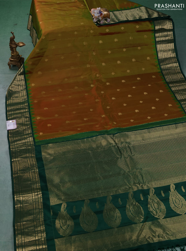 Pure gadwal silk saree manthalir green and green with zari woven buttas and temple design zari woven border