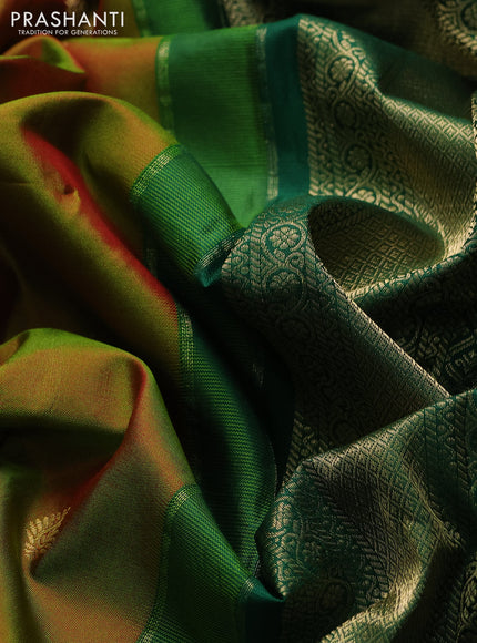 Pure gadwal silk saree manthalir green and green with zari woven buttas and temple design zari woven border