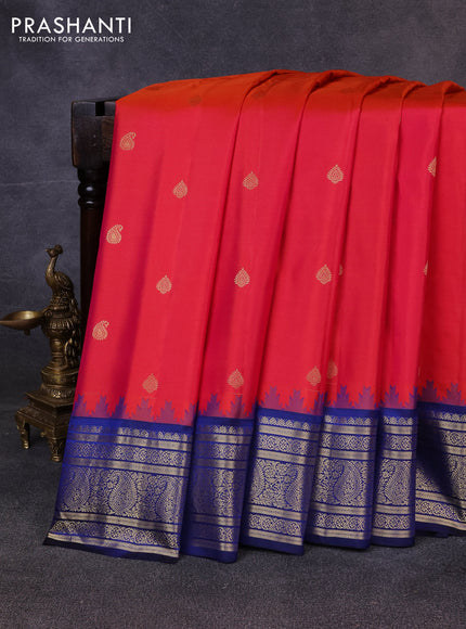 Pure gadwal silk saree red and navy blue with zari woven buttas and temple design zari woven border