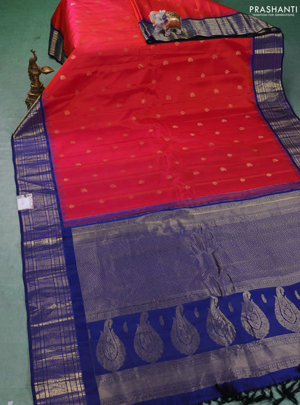 Pure gadwal silk saree red and navy blue with zari woven buttas and temple design zari woven border