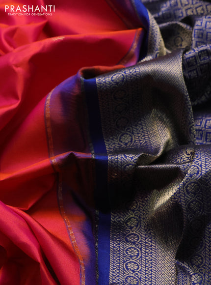 Pure gadwal silk saree red and navy blue with zari woven buttas and temple design zari woven border