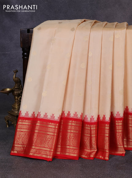 Pure gadwal silk saree beige and red with zari woven buttas and temple design zari woven border