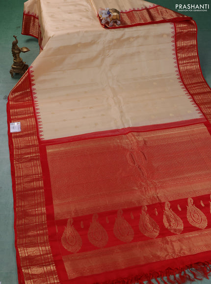 Pure gadwal silk saree beige and red with zari woven buttas and temple design zari woven border