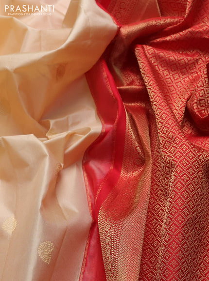 Pure gadwal silk saree beige and red with zari woven buttas and temple design zari woven border