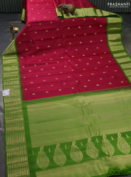 Pure gadwal silk saree wine shade and light green with zari woven buttas and temple design zari woven border