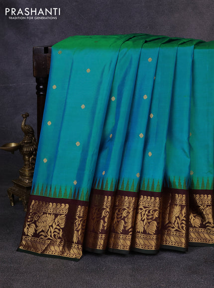 Pure gadwal silk saree teal blue and deep maroon with zari woven buttas and temple design zari woven border