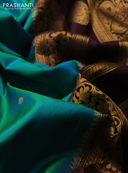 Pure gadwal silk saree teal blue and deep maroon with zari woven buttas and temple design zari woven border