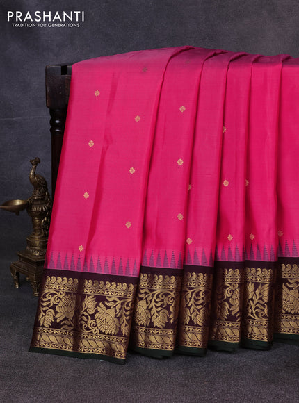 Pure gadwal silk saree peach pink and coffee brown with zari woven buttas and temple design zari woven border
