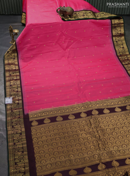 Pure gadwal silk saree peach pink and coffee brown with zari woven buttas and temple design zari woven border