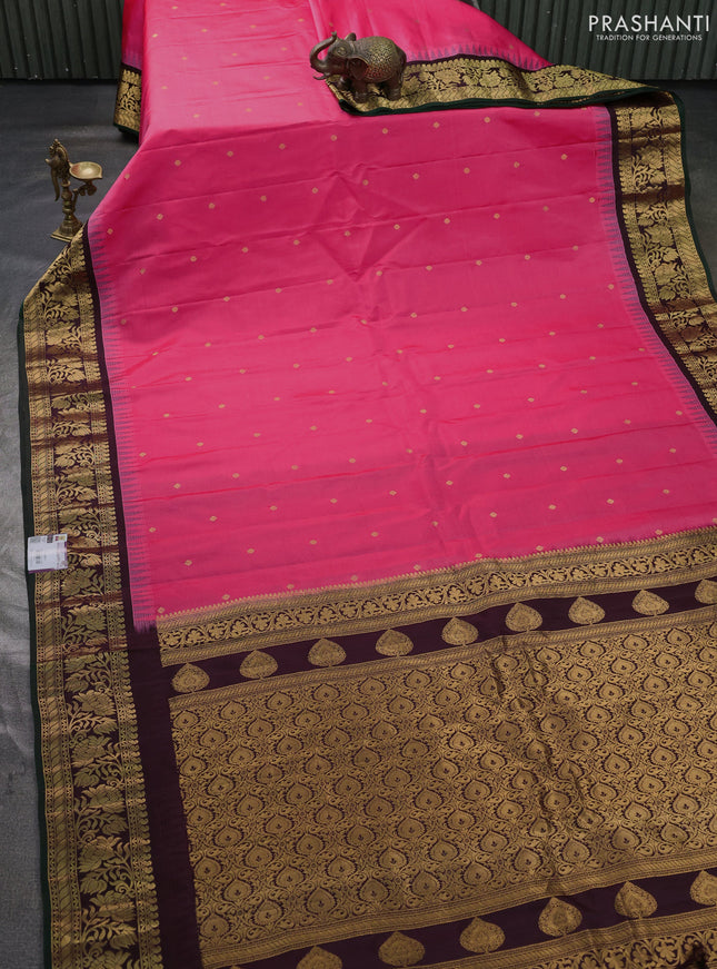 Pure gadwal silk saree peach pink and coffee brown with zari woven buttas and temple design zari woven border