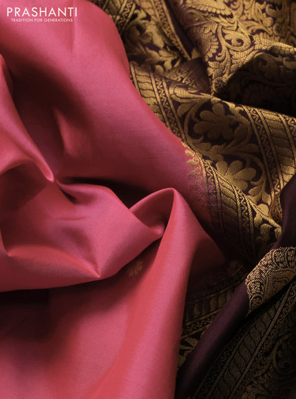 Pure gadwal silk saree peach pink and coffee brown with zari woven buttas and temple design zari woven border