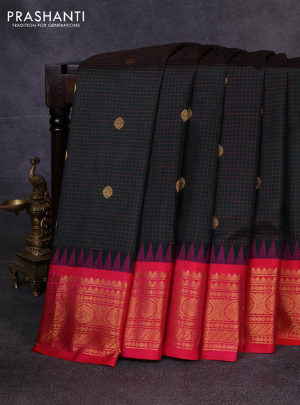 Pure gadwal silk saree bottle green and pink with allover checks & zari buttas and temple design zari woven border