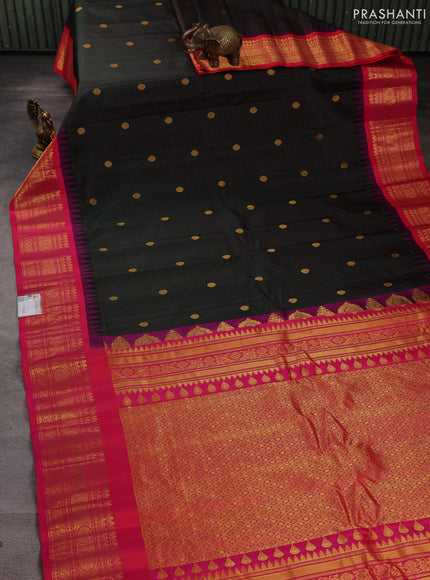 Pure gadwal silk saree bottle green and pink with allover checks & zari buttas and temple design zari woven border