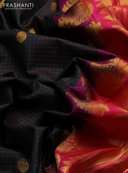 Pure gadwal silk saree bottle green and pink with allover checks & zari buttas and temple design zari woven border