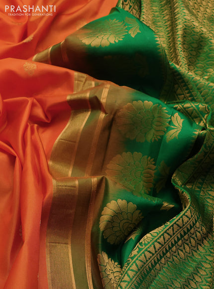 Pure gadwal silk saree orange and green with allover zari woven buttas and temple design zari woven border