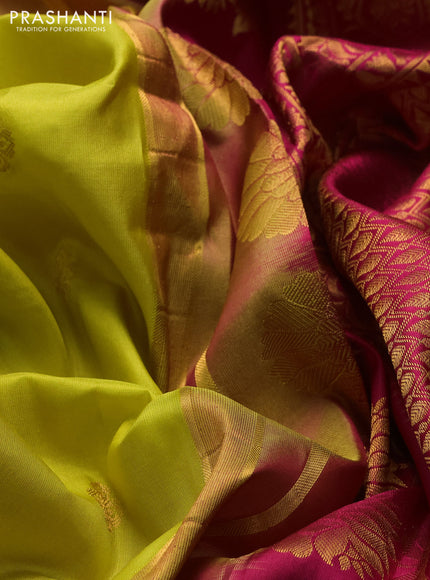 Pure gadwal silk saree lime green and dark pink with allover zari woven buttas and temple design zari woven border