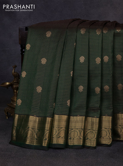 Pure gadwal silk saree bottle green with allover zari checks & buttas and zari woven border