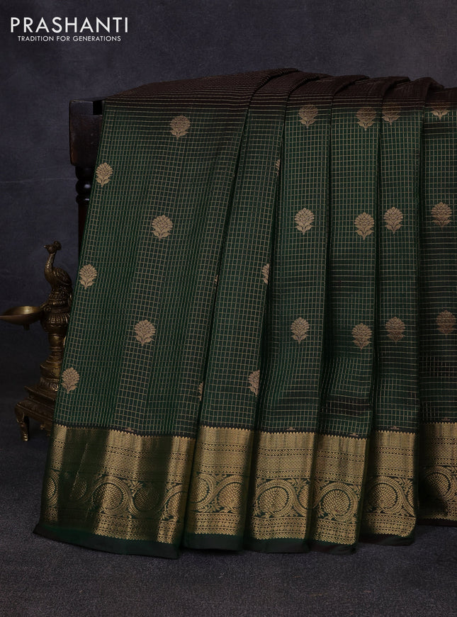 Pure gadwal silk saree bottle green with allover zari checks & buttas and zari woven border