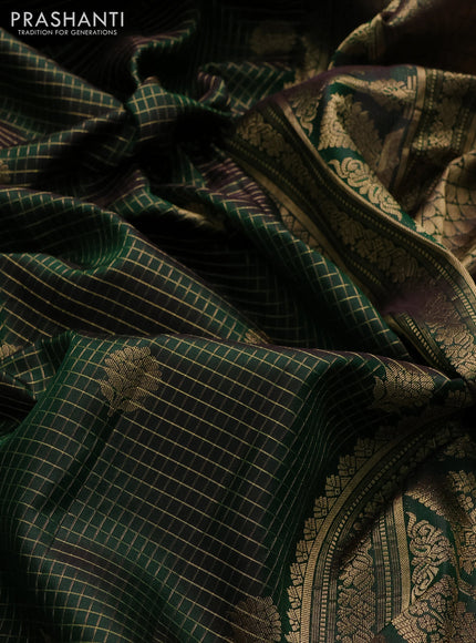 Pure gadwal silk saree bottle green with allover zari checks & buttas and zari woven border
