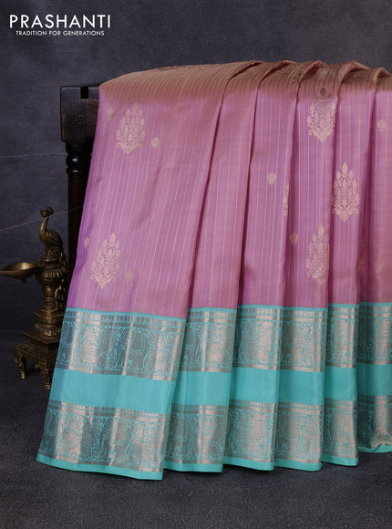 Pure gadwal silk saree mild lavender and teal green with allover zari stripe pattern & buttas and rettapet zari woven border