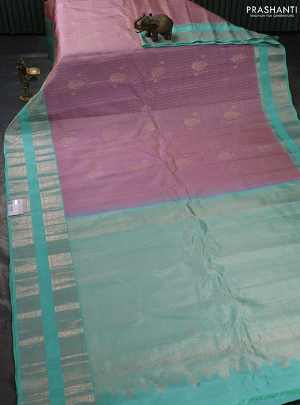 Pure gadwal silk saree mild lavender and teal green with allover zari stripe pattern & buttas and rettapet zari woven border