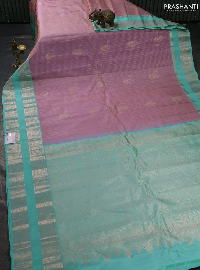 Pure gadwal silk saree mild lavender and teal green with allover zari stripe pattern & buttas and rettapet zari woven border